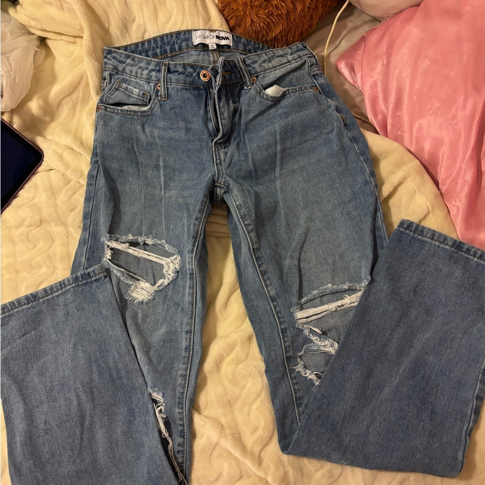 medium wash straight leg jeans, size 1